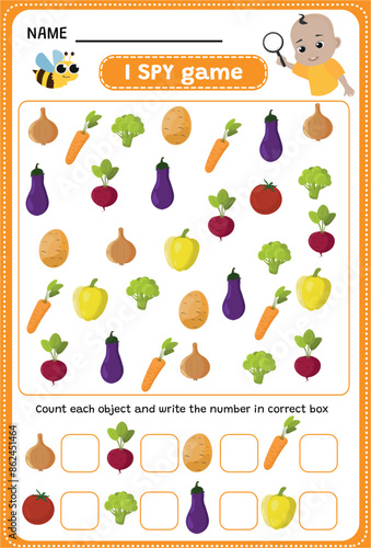 I SPY game. Find and count vegetables. Educational children game. Printable worksheet.