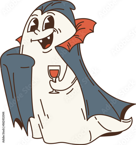 Cartoon retro groovy Halloween Dracula ghost character dons a dapper vampire costume, complete with a flowing cape, sharp fangs and glass of blood. Isolated vector phantom ready for spooky antics
