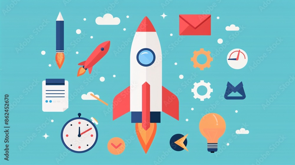 Illustration of a rocket ship surrounded by various items symbolizing startup and innovation concepts on a blue background. Illustration of a rocket ship surrounded by various items symbolizing startup and innovation concepts on a blue background.