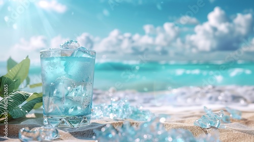 Blue Lagoon cocktail with ice, standing on a pristine beach with golden sand, and generous space on the left for adding text