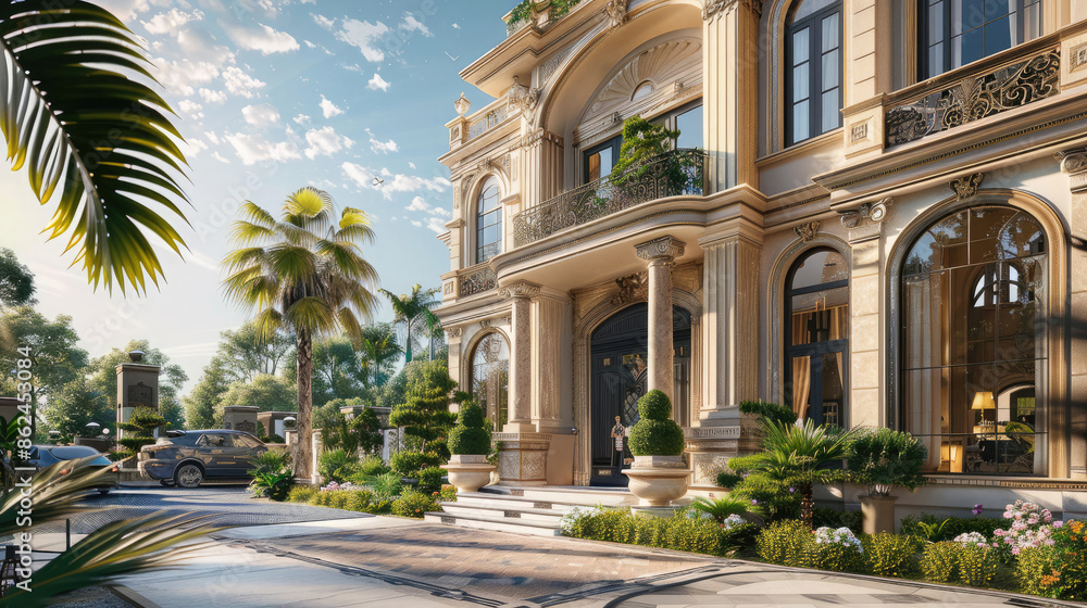 An opulent villa with a classic aesthetic, showcasing ornate columns, warm beige exteriors, and lush greenery. The walls boast intricate textures, combining timeless elegance with natural beauty. An opulent villa with a classic aesthetic, showcasing ornate columns, warm beige exteriors, and lush greenery. The walls boast intricate textures, combining timeless elegance with natural beauty.