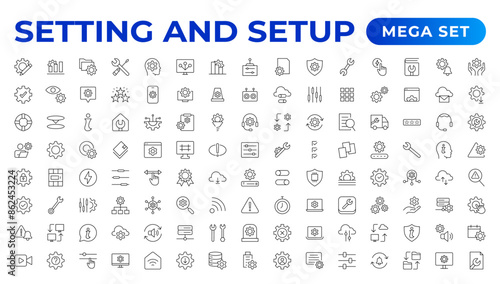Setting and setup Solid icon collection. app and website settings icon set. options, configuration, preferences, adjustments, tools, gear, control panel, management,  and productivity icons.
