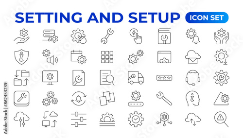 Setting and setup Solid icon collection. app and website settings icon set. options, configuration, preferences, adjustments, tools, gear, control panel, management,  and productivity icons.