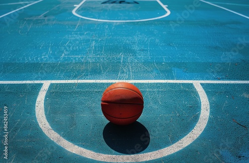 Orange Basketball on Blue Court With White Lines in Daylight