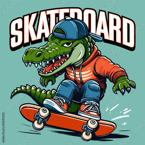 Crocodile playing skateboard tshirt design Illustration