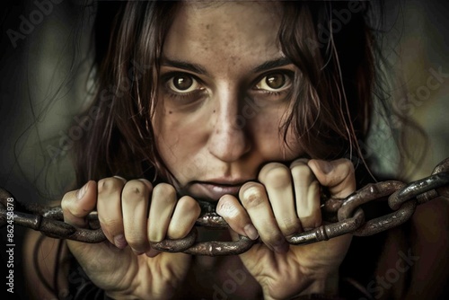 A woman with an expressive look with her hands shackled with a heavy chain