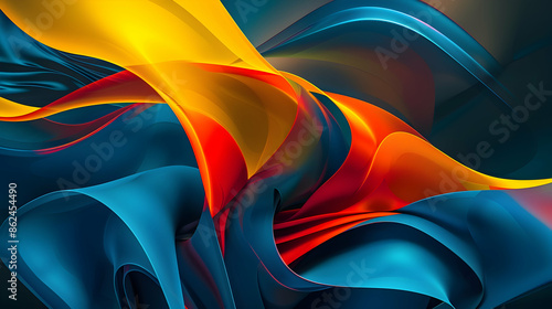 Modern digital piece showcasing a large blue and yellow abstract shape with smooth curves and a vibrant red center