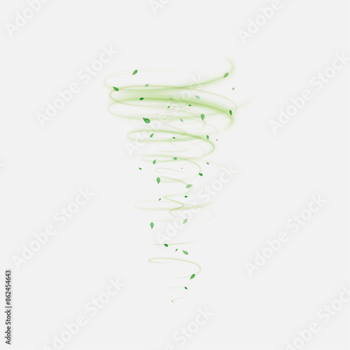Green air swirl effect with flying leaves on white background PNG, vector realistic illustration for pharmaceutical industry advertising design.