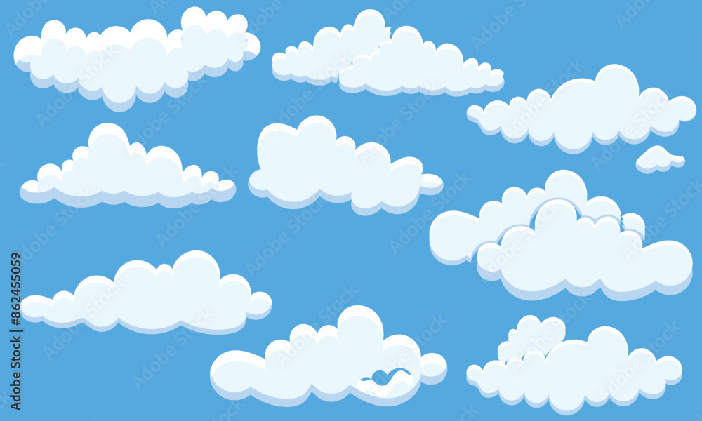 Clouds icon collection. Abstract white cloudscape icon symbols. Various shapes in flat style. Vector cloudy design elements. Isolated On sky background. EPS 10 Clouds icon collection. Abstract white cloudscape icon symbols. Various shapes in flat style. Vector cloudy design elements. Isolated On sky background. EPS 10