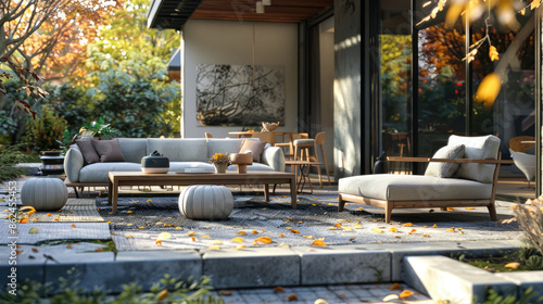 Comfortable outdoor seating furniture arranged on a stylish patio, complementing the contemporary design of the house. A perfect blend of modern aesthetics . photo