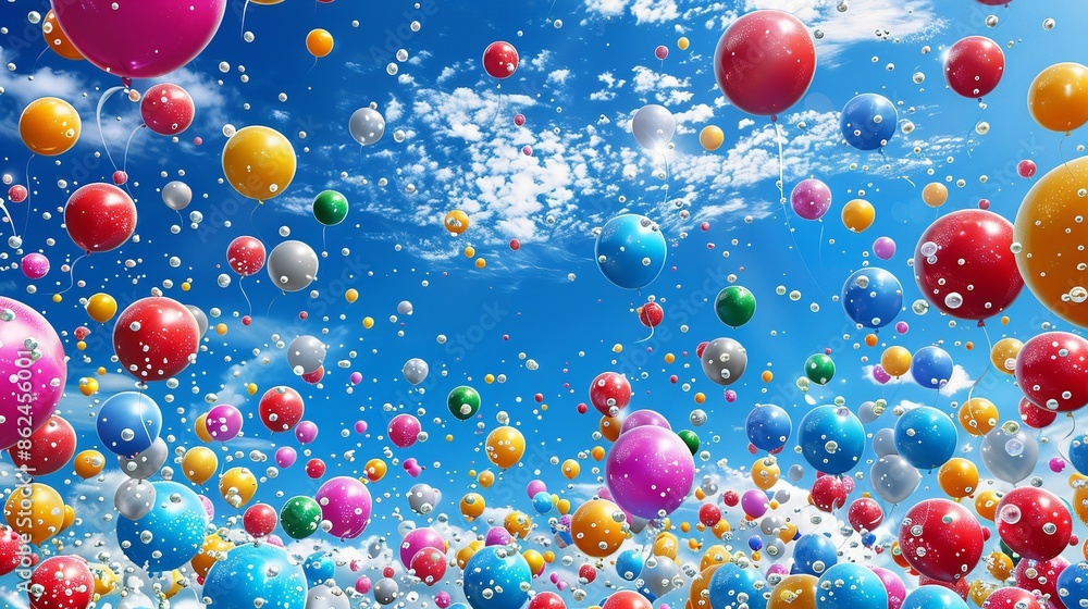 A vibrant image of colorful balloons floating in a blue sky with white clouds A vibrant image of colorful balloons floating in a blue sky with white clouds