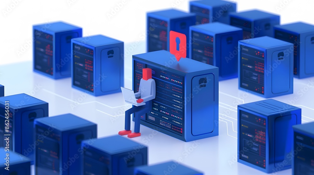 3D illustration of a technician working on a server amidst rows of blue data servers, representing data management and IT infrastructure. 3D illustration of a technician working on a server amidst rows of blue data servers, representing data management and IT infrastructure.