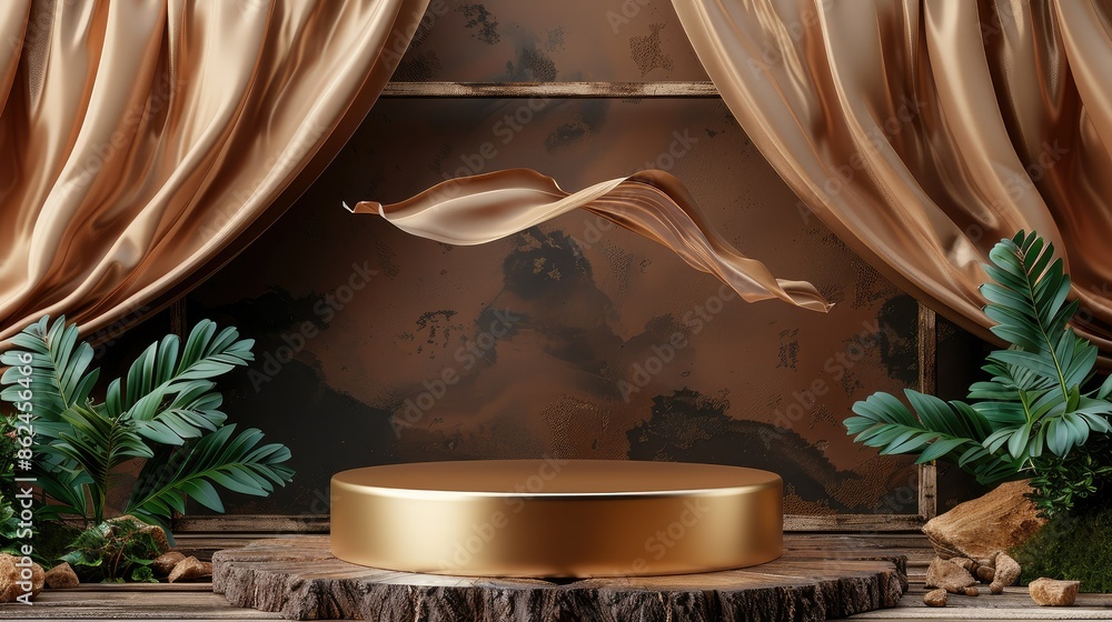 3D display podium, brown background with wood frame pedestal and flying silk cloth curtain 3D display podium, brown background with wood frame pedestal and flying silk cloth curtain