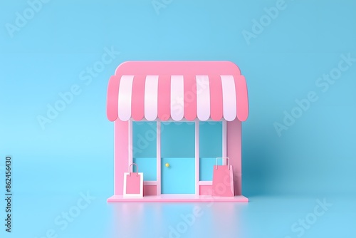 A miniature pink and white storefront with striped canopy on a blue background, perfect for small business or shop concept. photo