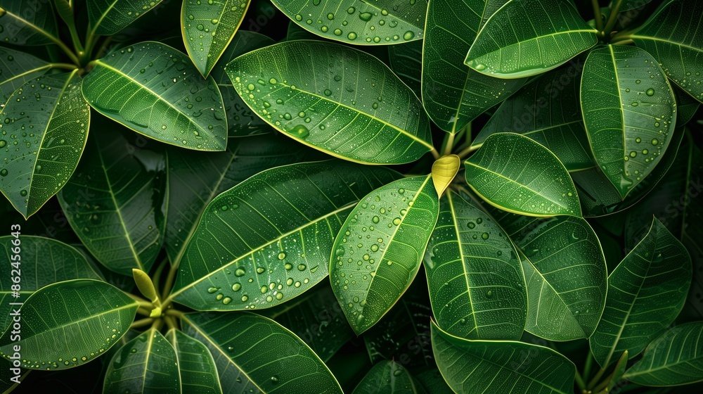 Closeup of lush green leaves covered in raindrops. Closeup of lush green leaves covered in raindrops.