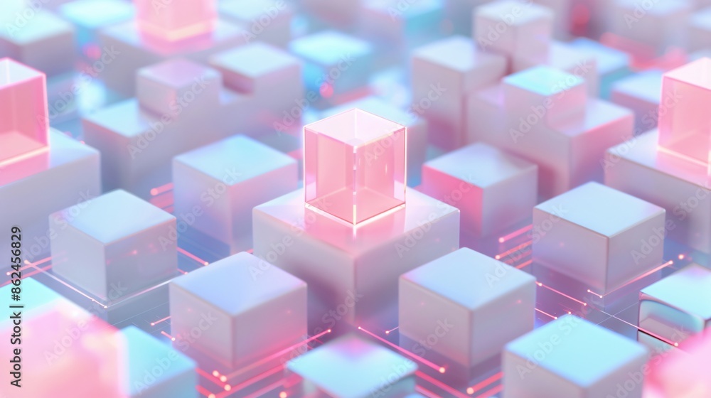 Abstract 3D rendering of glowing cubes in a grid pattern, representing digital technology and modern innovation. Abstract 3D rendering of glowing cubes in a grid pattern, representing digital technology and modern innovation.
