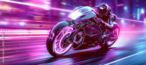 A futuristic motorcycle rider speeds through a neon-lit cityscape, leaving streaks of light in their wake photo