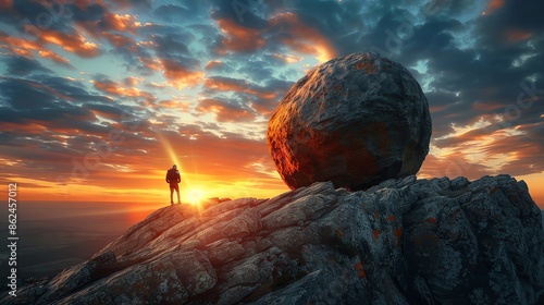 A lone hiker stands on a rocky peak at sunrise, gazing at a giant boulder under a dramatic sky filled with colorful clouds. photo