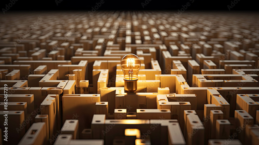Obraz premium Light bulb within a maze for problem-solving, inventive thinking, and finding solutions in difficult situations