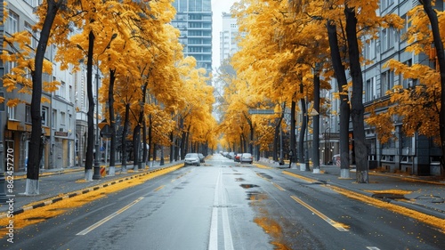 Urban street lined with vibrant yellow autumn trees.