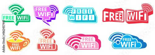 set collections trendy colorful public free wifi icon sign. free networks connections labels design template Vector illustration