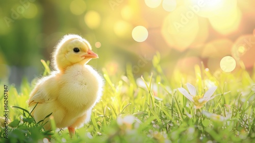 Newborn chick on grass field with space for text © TheWaterMeloonProjec