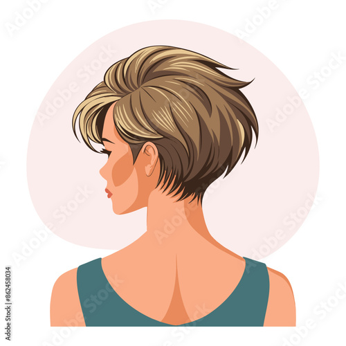 Young woman's hairstyle, back view. Women's haircut. Beauty and fashion. Illustration poster clipart