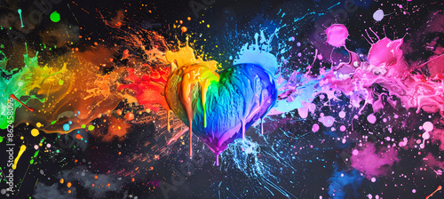 A vibrant, abstract painting depicting a rainbow heart exploding in a flurry of colorful splashes against a black background