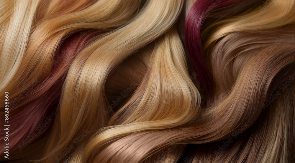 Naklejka premium Vibrant collection of healthy dyed hair with a variety of colours. Tints. A range of swatches for hair color