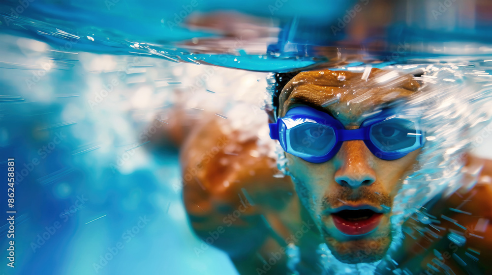 Naklejka premium A close-up shot of a swimmer underwater, looking forward with determination, goggles reflecting the surrounding water