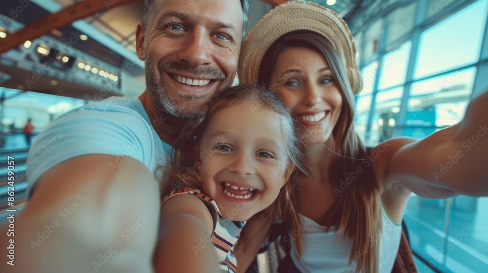 A cheerful family of three taking a selfie at an airport, representing togetherness, travel, and memorable moments, with the background showing excitement of their journey. A cheerful family of three taking a selfie at an airport, representing togetherness, travel, and memorable moments, with the background showing excitement of their journey.
