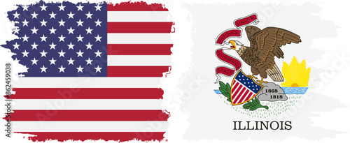 Illinois state and USA grunge flags connection vector