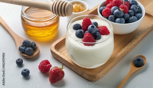 A glass of Icelandic Skyr, a creamy yoghurt, served with fresh berries and a dollop of honey. Served with a small spoon and a bowl of oatmeal. photo