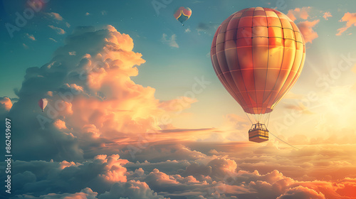 Hot air balloon heading towards the clouds in the sky, Dramatic Mountain Landscape covered in clouds and Hot Air Balloon Flying ,3d Rendering Adventure Dream Concept Artwork 