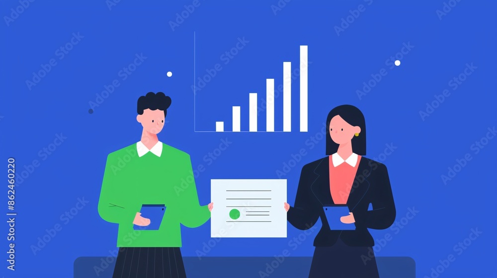Business presentation illustration depicting two professionals with a chart and document, showcasing data analysis and teamwork. Business presentation illustration depicting two professionals with a chart and document, showcasing data analysis and teamwork.