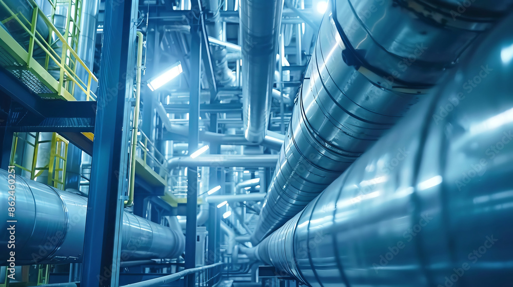 Industrial interior with large steel pipes, machinery, and blue lighting. High-tech facility showcasing modern engineering and infrastructure. Industrial interior with large steel pipes, machinery, and blue lighting. High-tech facility showcasing modern engineering and infrastructure.