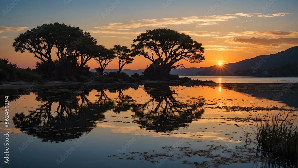 breathtaking landscape with sunset reflected in the water, breathtaking landscape with sunset reflected in the water,