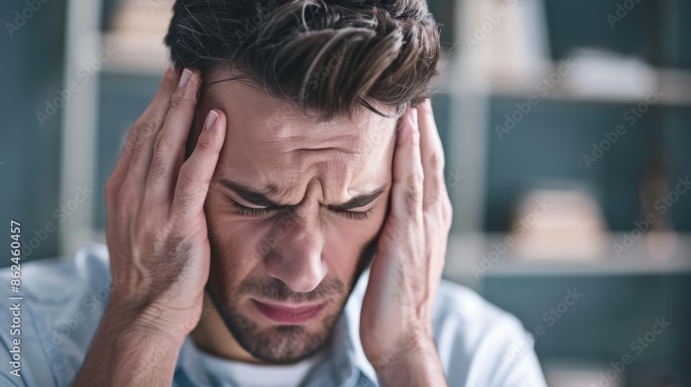 A man with a pained expression holds his head in his hands. He appears to be in discomfort or distress. A man with a pained expression holds his head in his hands. He appears to be in discomfort or distress.