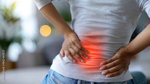 A woman experiencing lower back pain, holding her back in discomfort. photo