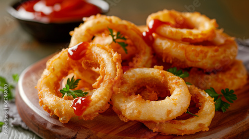 Close shot of delicious golden onion rings with ketchup on a wooden board.