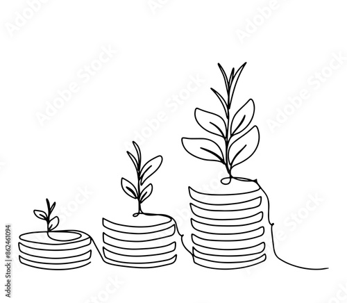 Continuous line drawing of Coins stack with tree growing. vector design line art illustration money and plant on transparent background. Business investing concept