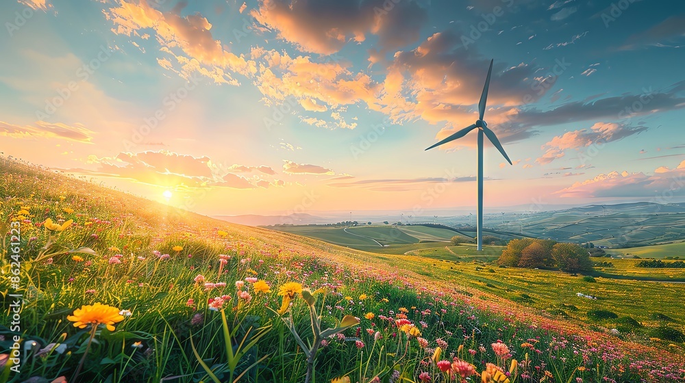 Scenic landscape with wind turbine at sunrise, colorful wildflowers in foreground, representing renewable energy and natural beauty. Scenic landscape with wind turbine at sunrise, colorful wildflowers in foreground, representing renewable energy and natural beauty.
