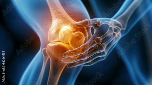 A 3D rendering of a human knee with the joint highlighted in red, signifying pain or inflammation. photo