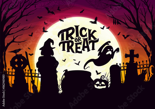 Halloween trick or treat scary holiday character silhouettes on cemetery landscape, cartoon vector. Halloween spooky boo ghosts, scary pumpkins and witch with broom, potion cauldron and tombstones