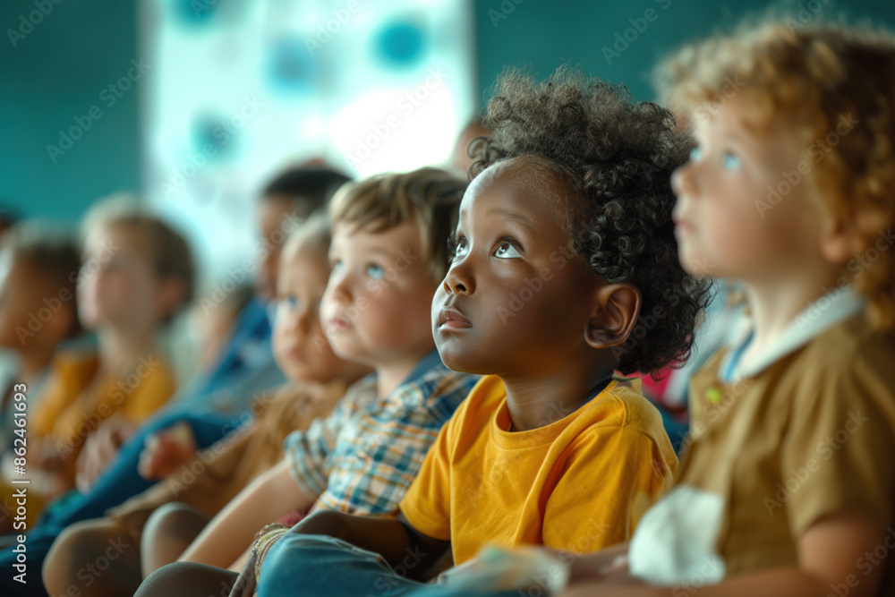 Group activity of attentive young curious multiracial children kidis sitting together, focused on an activity or listening intently. Curiosity and engagement of early childhood education concept Group activity of attentive young curious multiracial children kidis sitting together, focused on an activity or listening intently. Curiosity and engagement of early childhood education concept