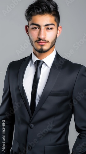 Handsome young man in a suit with black hair, plain background.