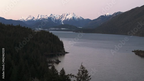 Morning Light on Snowy Nimpkish Mountains and Lake photo