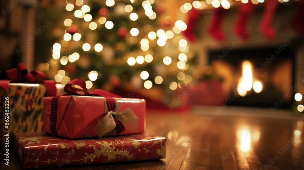 Cozy Christmas Scene with Decorated Tree, Wrapped Gifts, and Warm Fireplace in Festive Living Room Cozy Christmas Scene with Decorated Tree, Wrapped Gifts, and Warm Fireplace in Festive Living Room