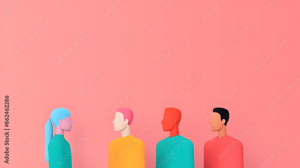Colorful artistic illustration of four diverse individuals on a pink background facing each other. Colorful artistic illustration of four diverse individuals on a pink background facing each other.