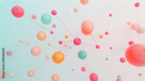 Colorful abstract molecular structure with connected spheres in a light gradient background, representing science and technology.